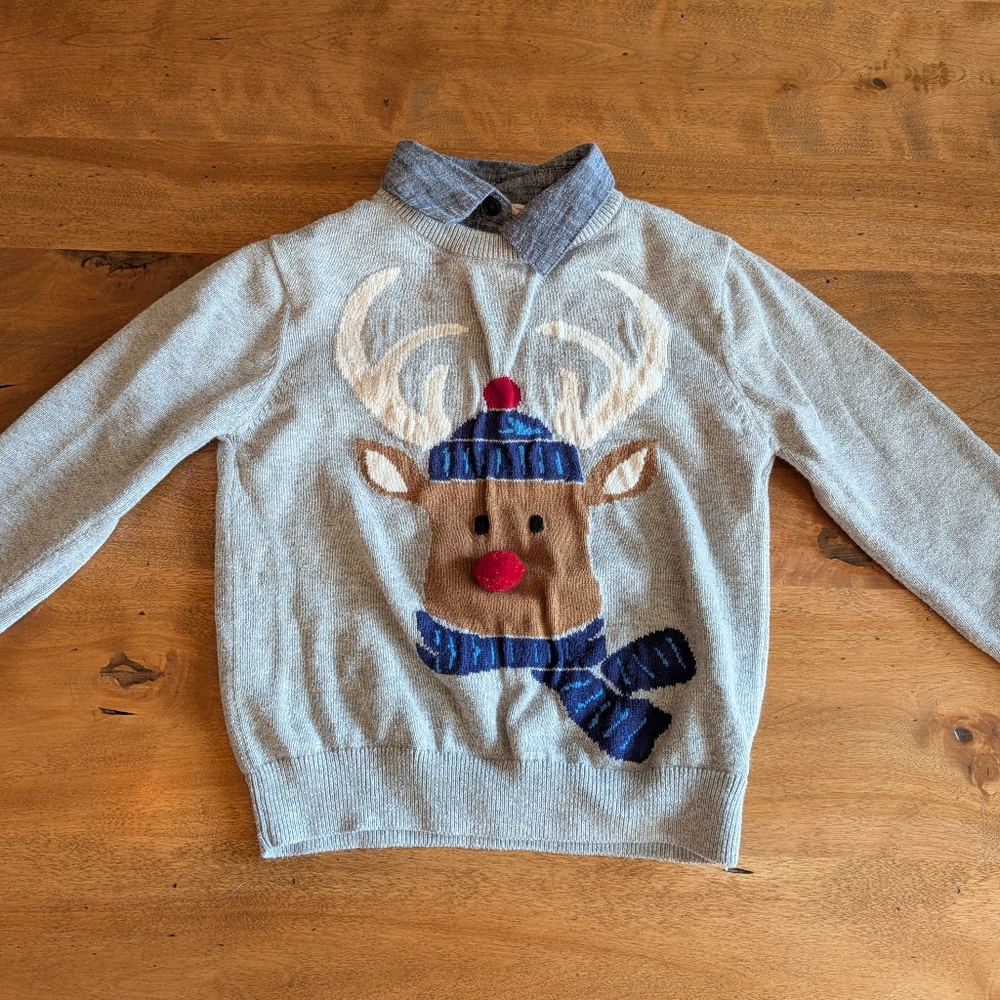 Cat & Jack Toddler Boy Rudolf Reindeer Christmas Sweater w/ Denim Collar Size 5T